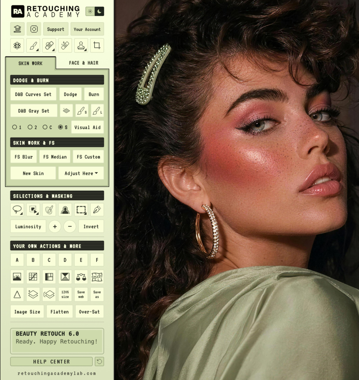 Beauty Retouch 6.0 panel in Photoshop, next to a retouched beauty portrait